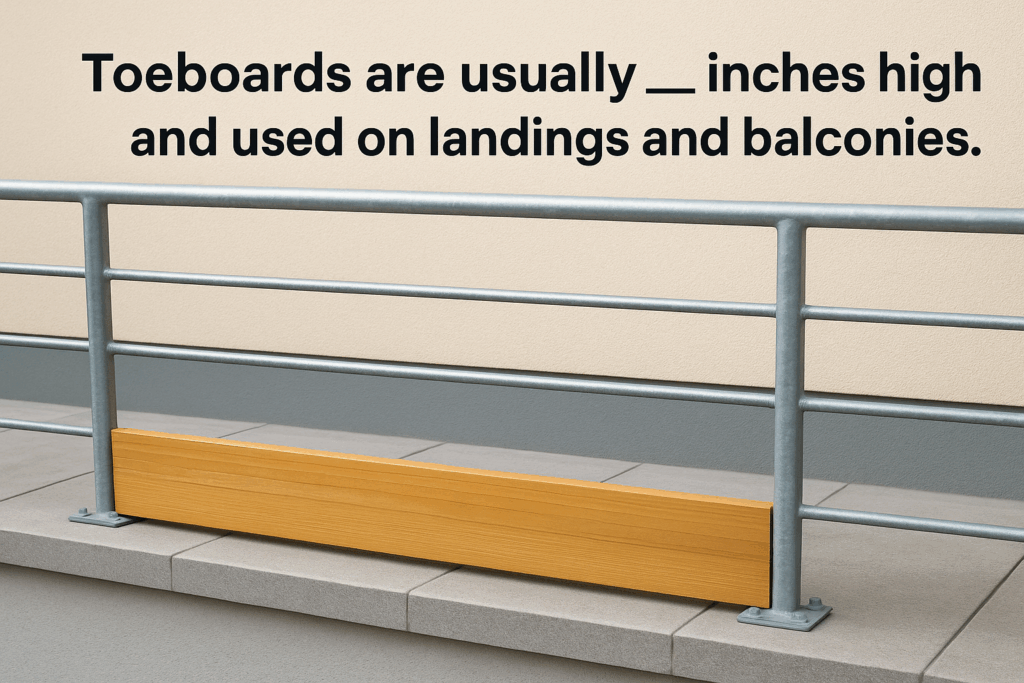 Toeboards are usually ___ inches high and used on landings and balconies. Toeboards